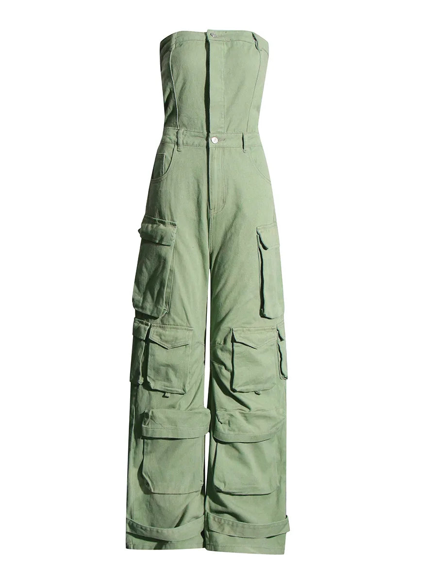 Vintage Pockets Cargo Pants Jumpsuits Women Strapless Buttons Casual Playsuits Straight Pants Romper Woman