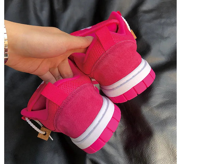 Hot Pink Streetwear Woman Sneakers Breathable Mesh Skate Shoes with Chunky Rope Laces Women Vate Pink Mesh Thick Sole Platform