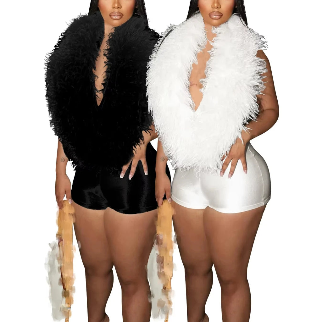 2025 Women New Jumpsuit Elegant Artificial Fur with Sexy Deep V-neck Halter Sleeveless Bodysuit Ladies Casual Rompers