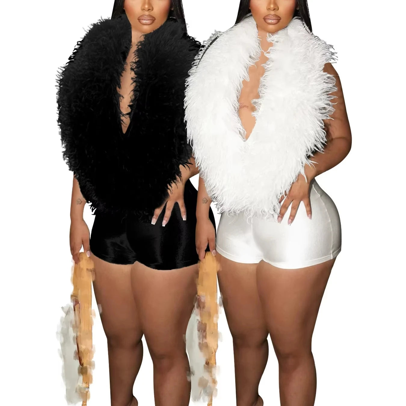 2025 Women New Jumpsuit Elegant Artificial Fur with Sexy Deep V-neck Halter Sleeveless Bodysuit Ladies Casual Rompers