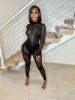 S-2XL  Europe and America's New Medium Neck Sexy Perspective Mesh Splicing Jumpsuit Long Sleeve Jumpsuit