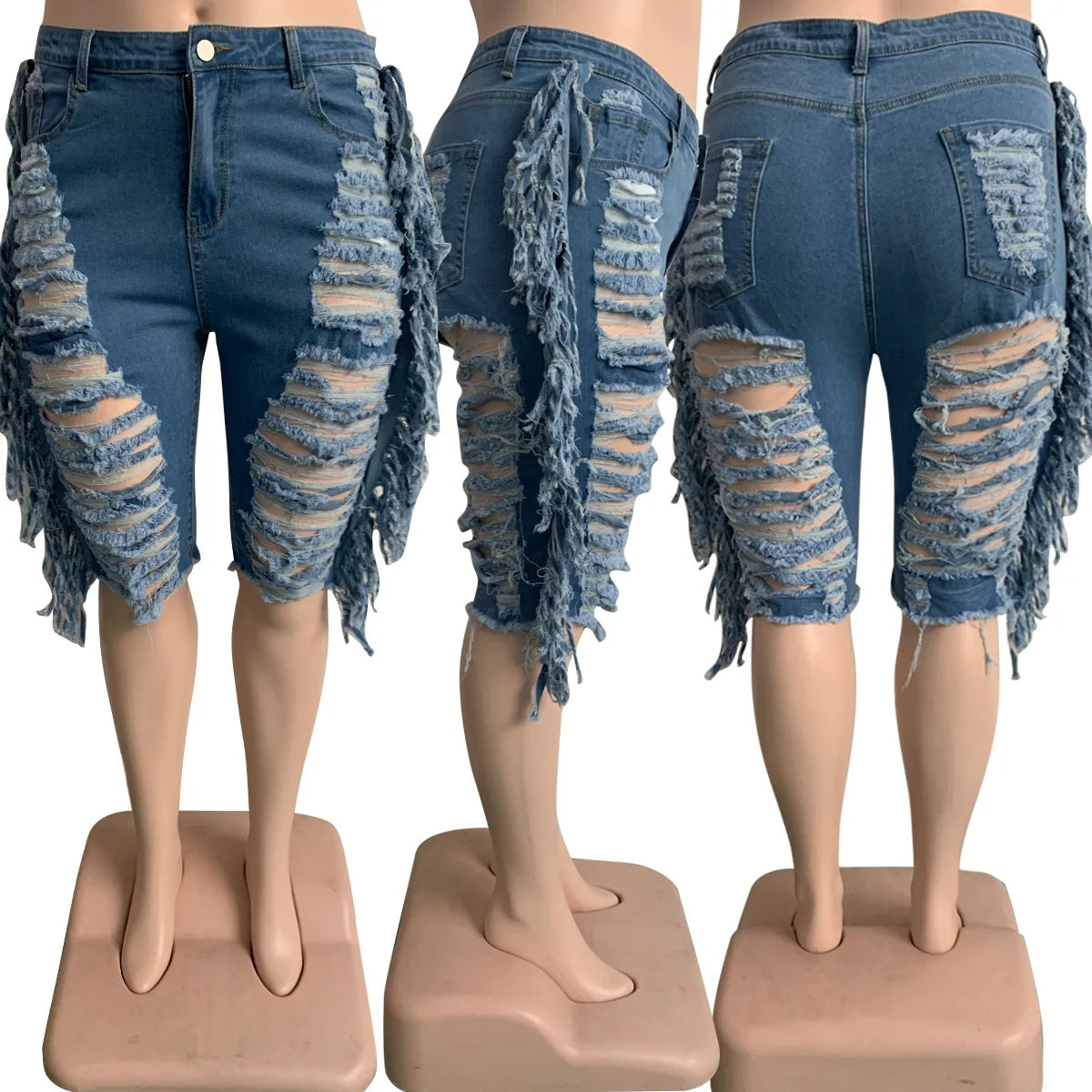 2022 New Arrivals Plus Size Women's Clothing Fashion Solid Color Tassel Denim Sexy Ripped Elastic Plus Size Denim Shorts