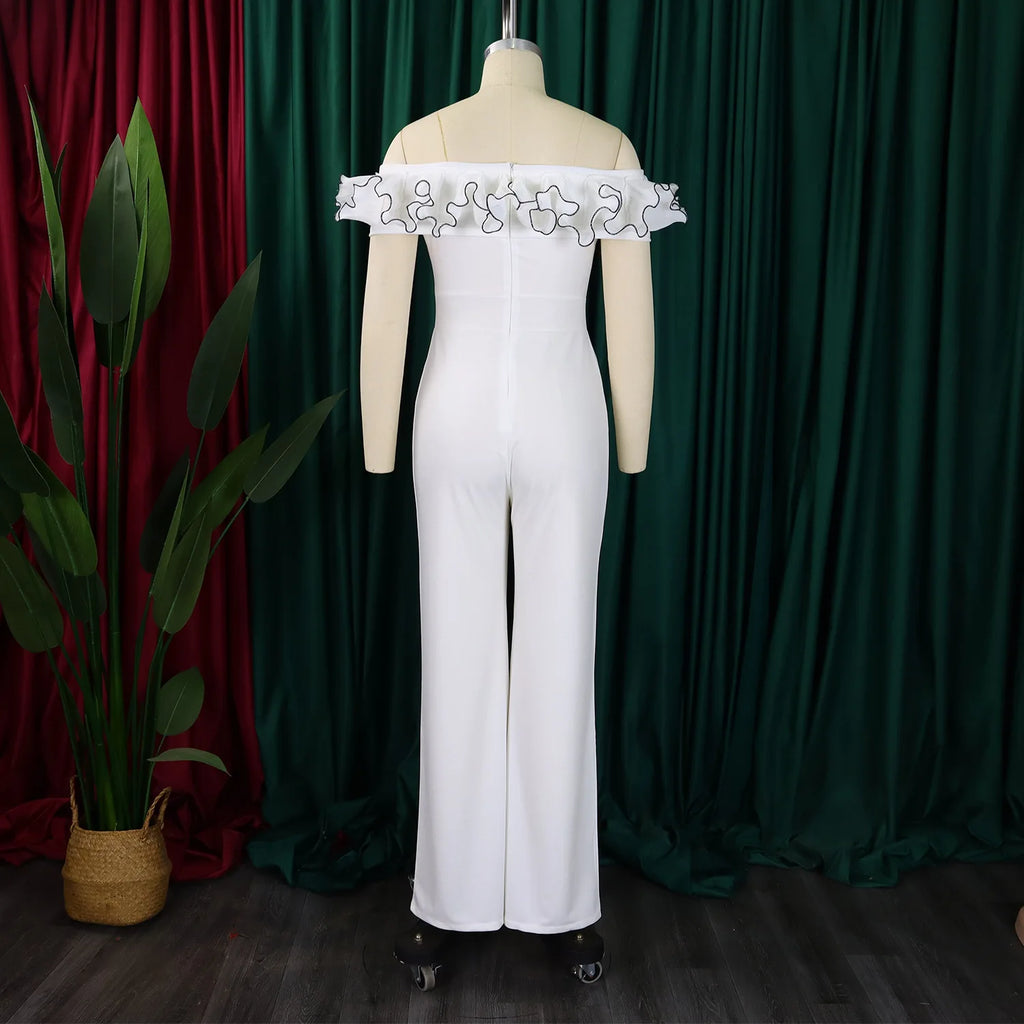 D523 Latest Design Elegant Female Jumpsuit Women Tight Slim Solid Color Ruffles Off Shoulder Short Sleeve Jumpsuit for Ladies