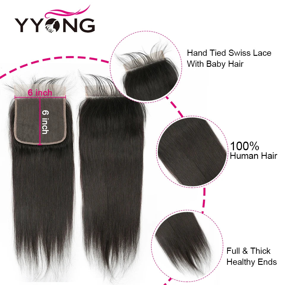 YYong Straight Hair Bundles With 6x6 Lace Closure Remy Brazilian Human Hair Weave Bundles With Closure Hair Extension