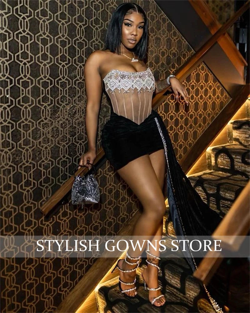 Sexy Velvet Strapless Short Prom Dresses for Black Girls Crystal Bead 2025 Birthday Luxury Party Dress Mini Cocktail Customized