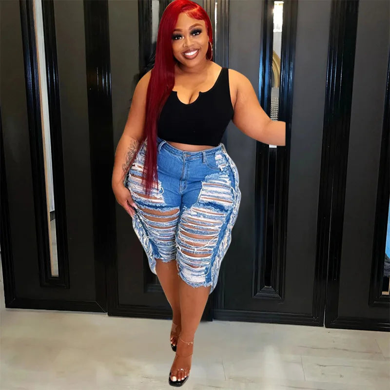 2022 New Arrivals Plus Size Women's Clothing Fashion Solid Color Tassel Denim Sexy Ripped Elastic Plus Size Denim Shorts