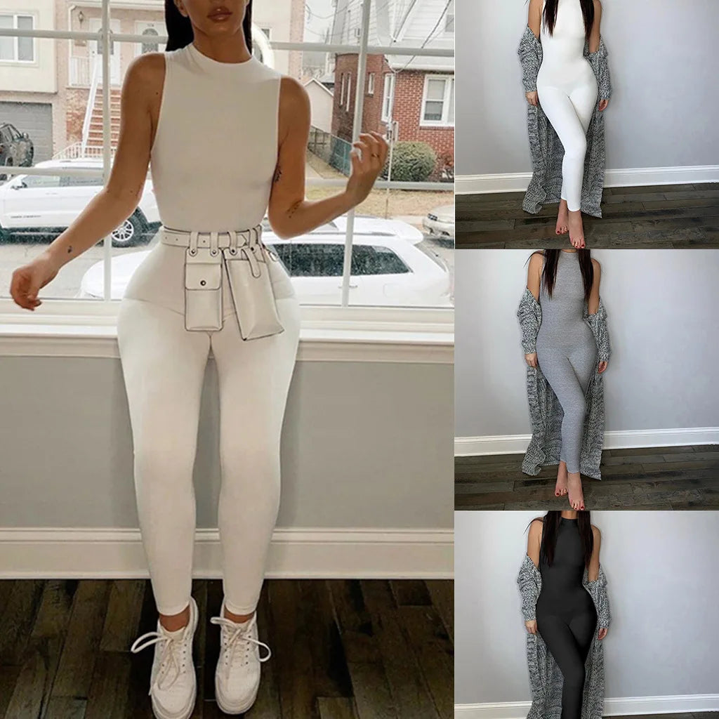 BH763  Women Sexy  Solid Color  Bodycon Sleeveless  Sport Jumpsuit