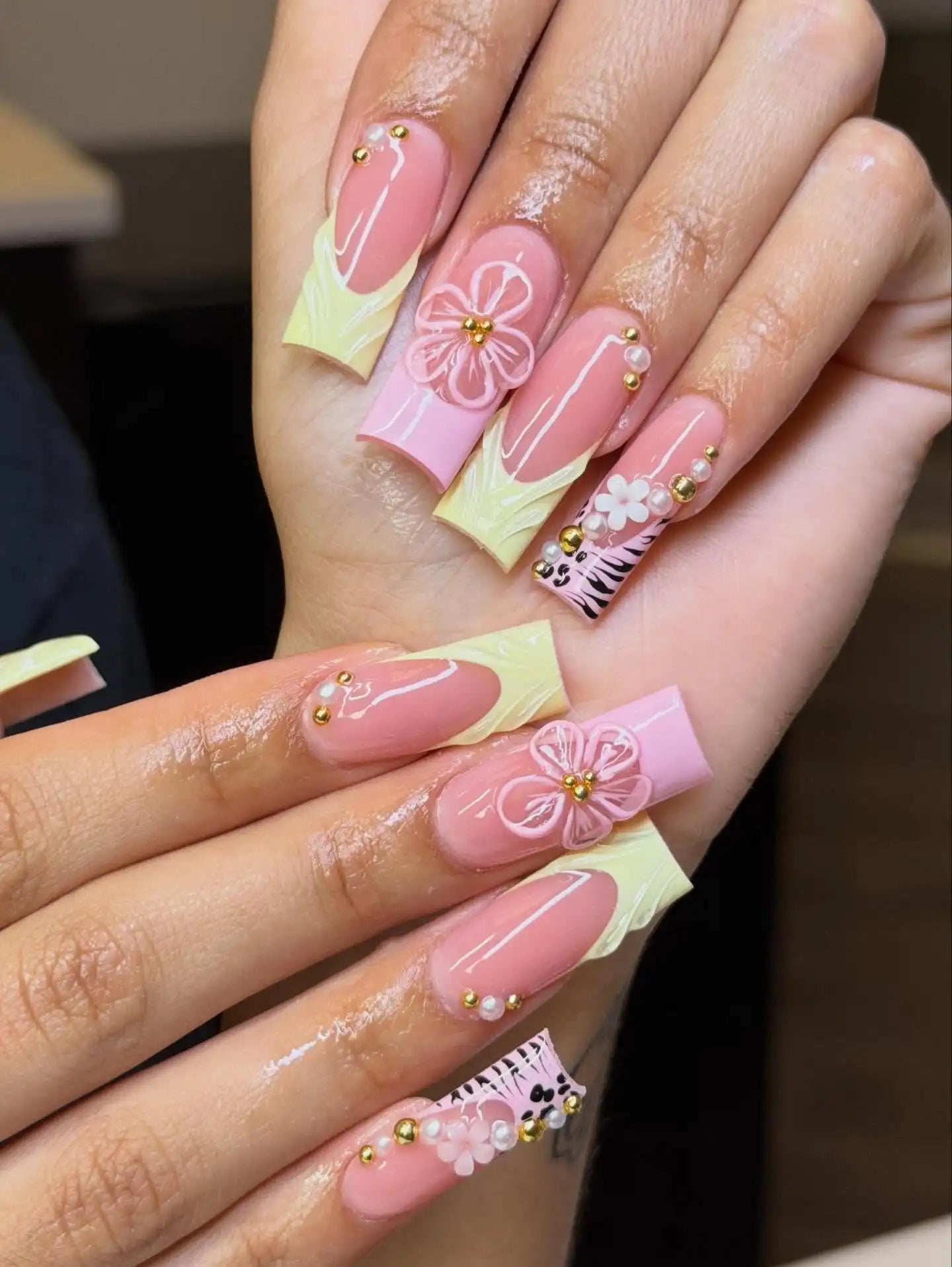 Handmade Square 3D Lily Press on Nails Glue on False Nails for Women