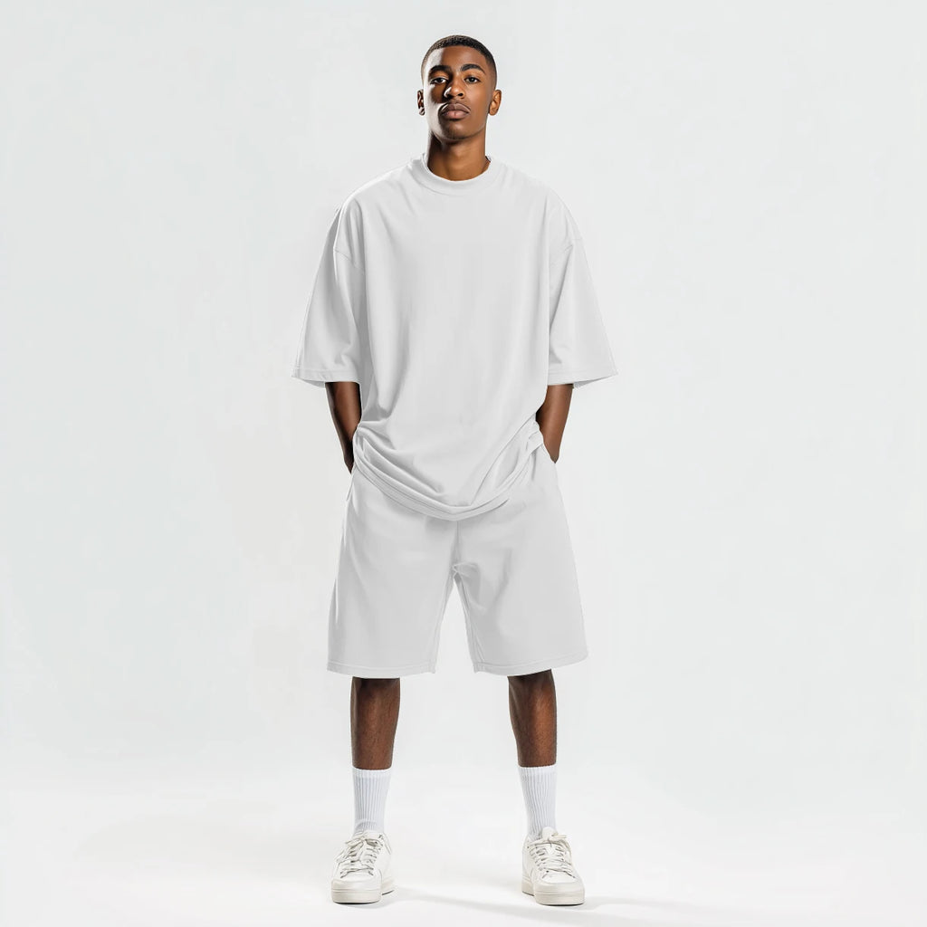 Big and Tall Oversized Men's T-Shirt and Shorts Sets 250G Heavy Drop Shoulder Relaxed Plus Size Tracksuit Outfit Bulk Wholesale