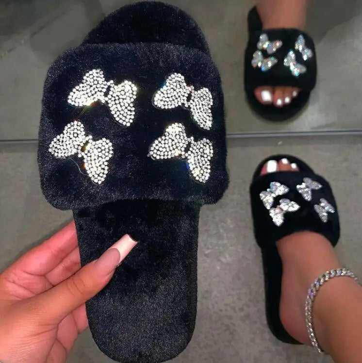 2025 autumn/winter women new round-toe thick-soled flat mid-heel fur sandals bowknot rhinestone slippers Home slippers