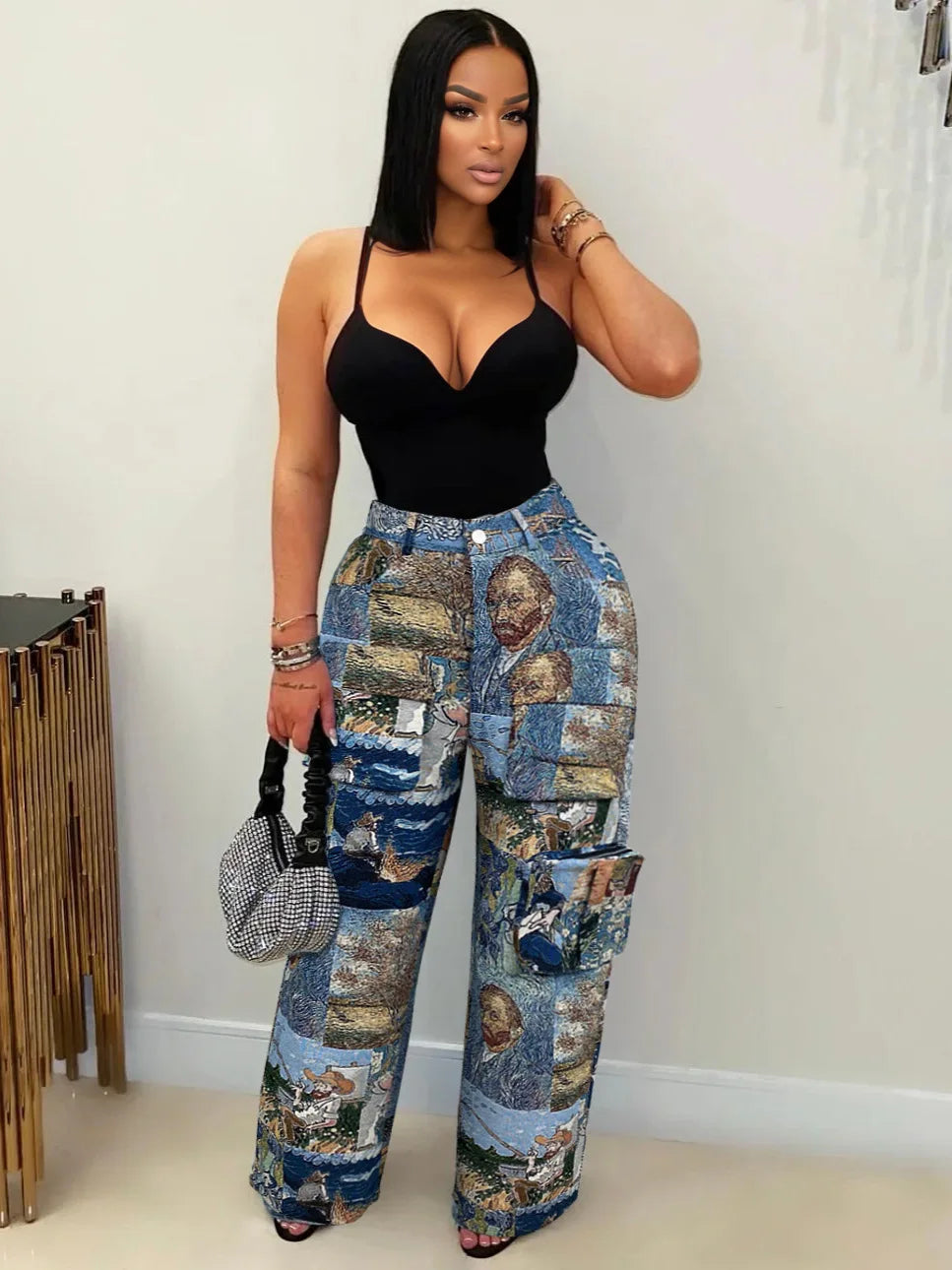 Women Fashion Jacquard Retro Multi Pockets Cargo Pants Button Fly High Waist Loose Casual Streetwear Straight Trousers