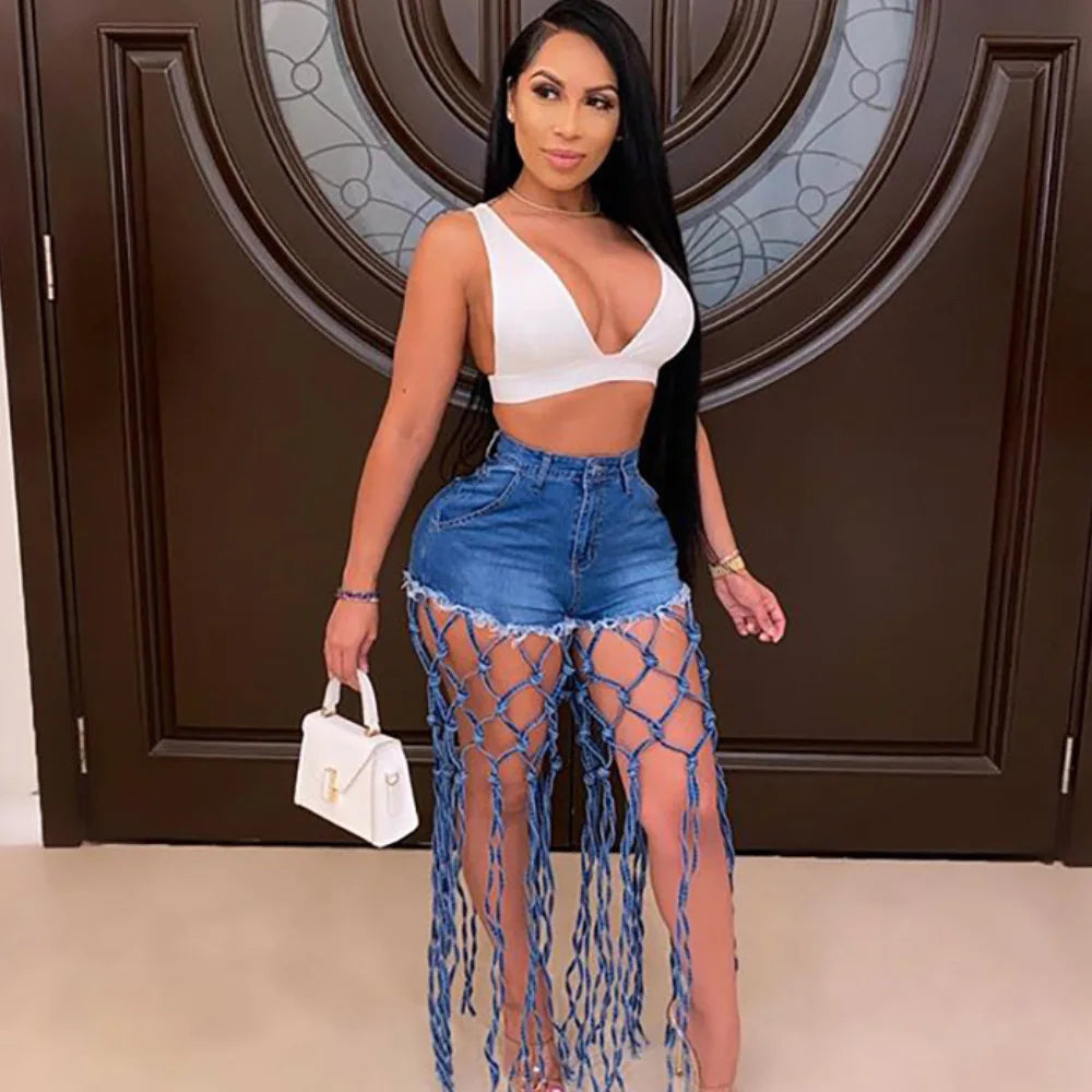 Summer Fashion Women Clothing Solid Color Denim High Waist Hollow Knotted Wide Leg Tassel Shorts Jeans