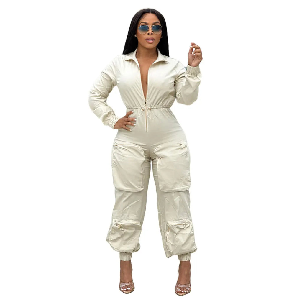 New Trendy 2023 Winter Women Jumpsuit Casual Pocket Workout Rompers Plus Size Streetwear Lady Cargo Jumpsuit for Women