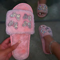 2025 autumn/winter women new round-toe thick-soled flat mid-heel fur sandals bowknot rhinestone slippers Home slippers