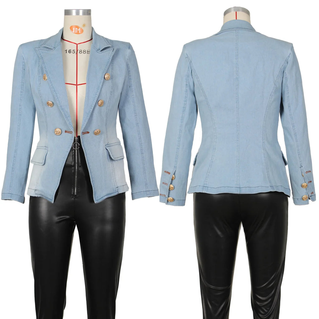 G0614 High Quality Washed Vintage Jacket Double Breasted Blazer Denim Jacket Women