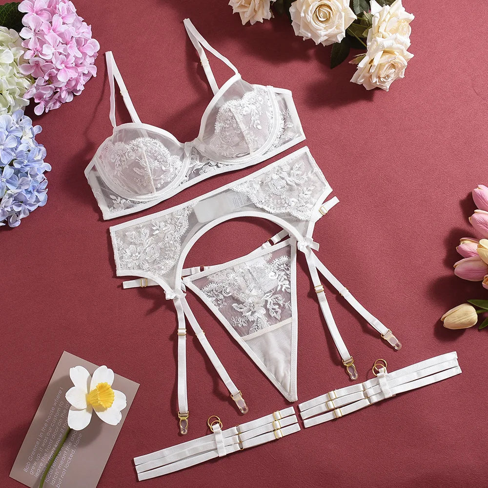 Russian Sexy Bridal Lingerie Set High Quality White Lace Embroidery Lingerie Set Garter Women Sexy Transparent Lingerie 3pcs Set