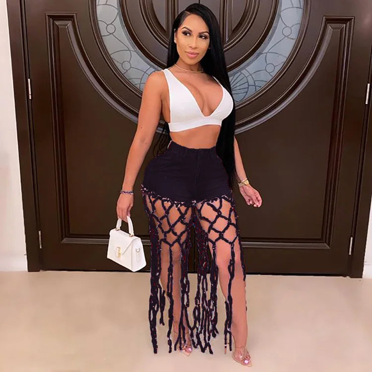 Summer Fashion Women Clothing Solid Color Denim High Waist Hollow Knotted Wide Leg Tassel Shorts Jeans