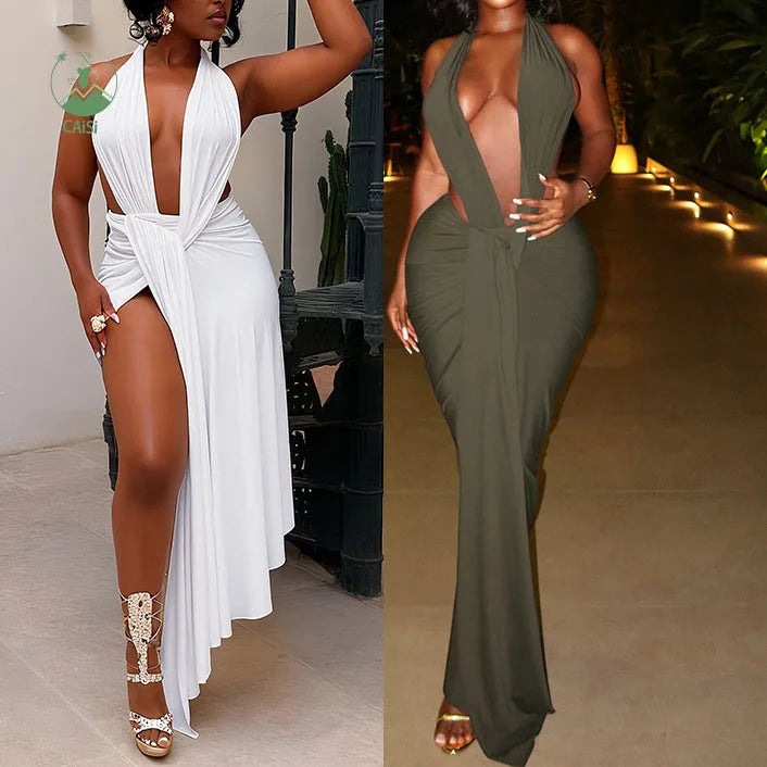 Summer New Street Style Women Dresses Sexy Sleeveless Halter Neck Backless High-Waisted Floor-Length Dress