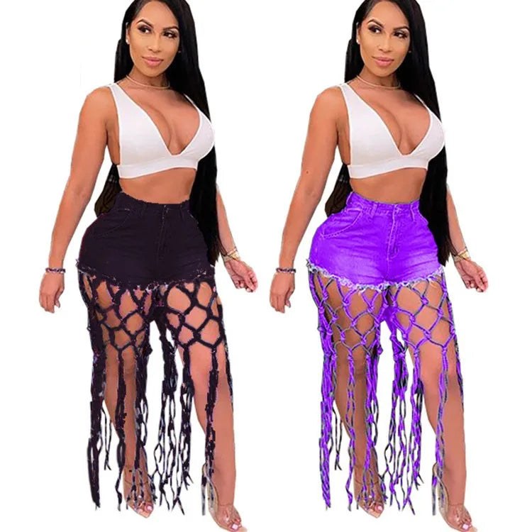 Summer Fashion Women Clothing Solid Color Denim High Waist Hollow Knotted Wide Leg Tassel Shorts Jeans