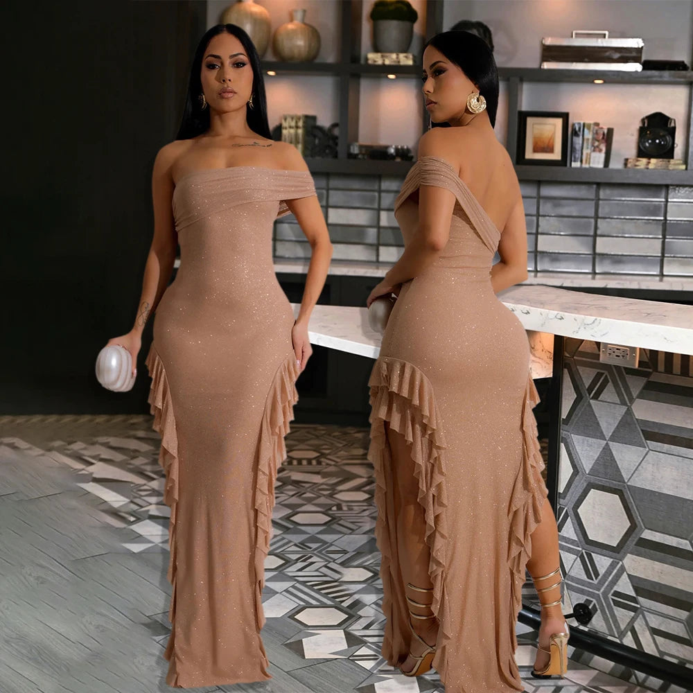 In Stock  CY901546 Moonlit Ruffle Maxi Dress One Shoulder Elegant Evening Dresses for Party Club Birthday 2025 Woman Clothing