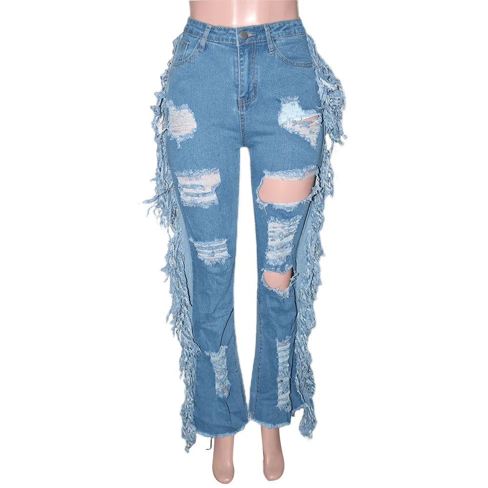 Fashionable Street Trend Women's Plus Size Pants Casual Hole Fringe Frayed Denim Jeans