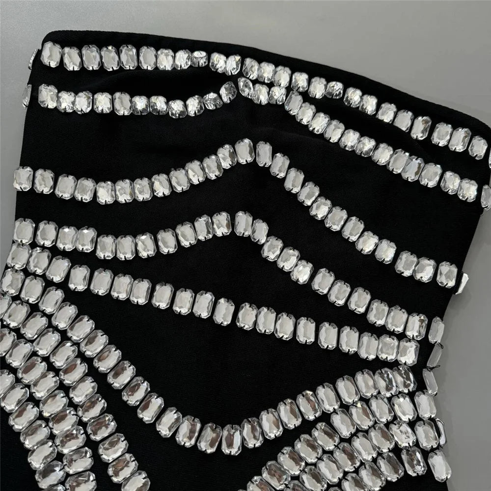 Women Strapless Bodycon Bandage Dress Sexy Beading Summer Celebrity Evening Party Mini Dresses