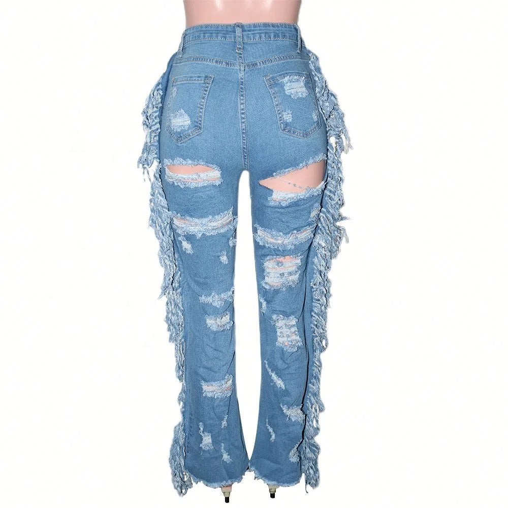Fashionable Street Trend Women's Plus Size Pants Casual Hole Fringe Frayed Denim Jeans