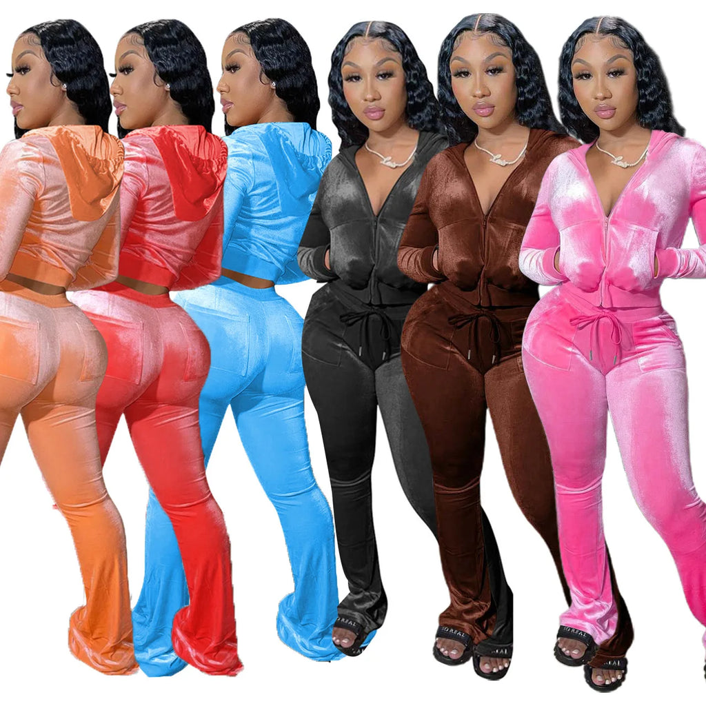 Winter Woman Clothing Ladies Jacket Velvet Sweatsuit Women Vintage Two Piece Flare Pants Set Velour Tracksuits Outfit Sets Women