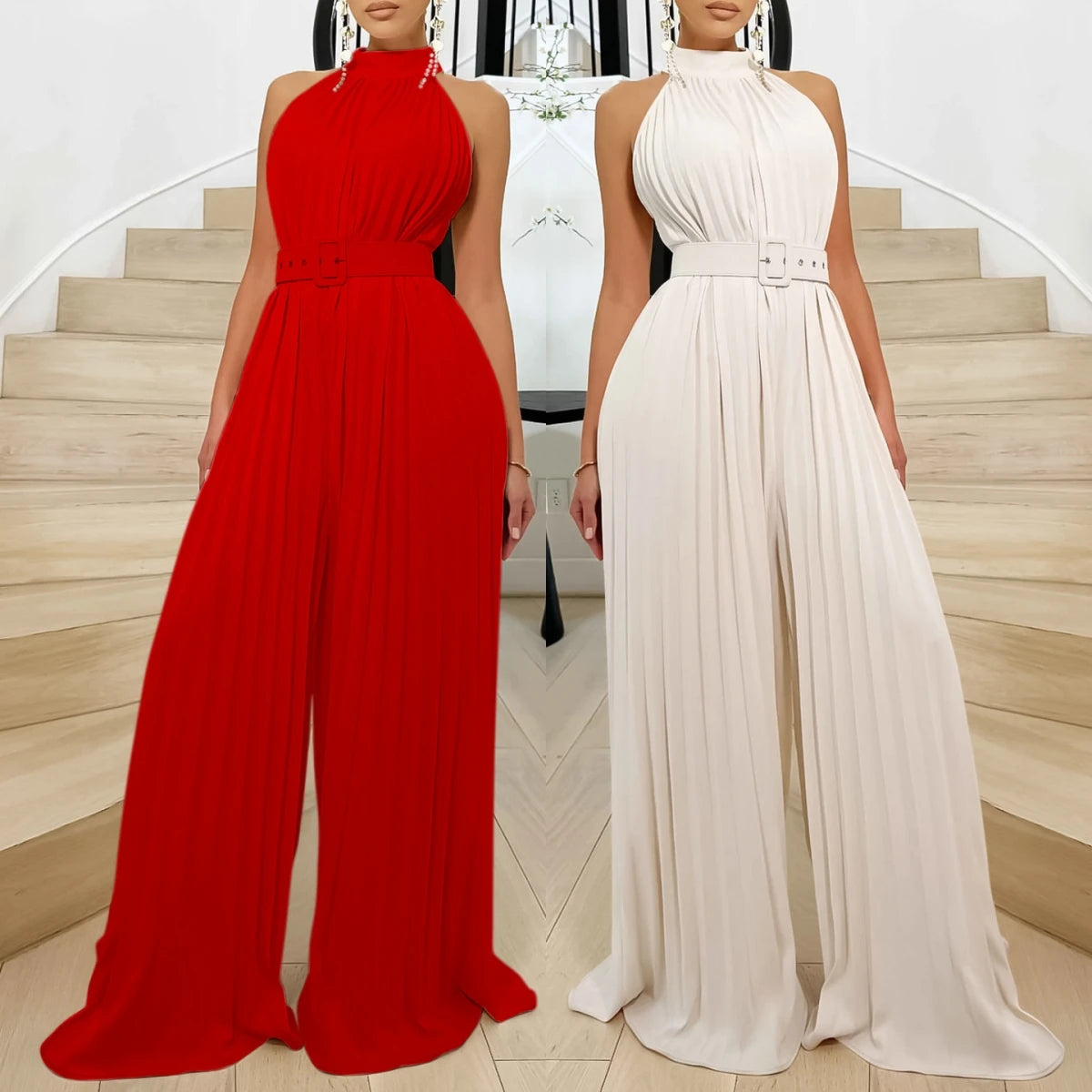 C8588 Latest Design Summer Jumpsuit Women Fashion Solid Color Sleeveless Sexy Pleated Wide Leg Jumpsuit With Belt