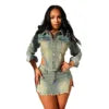 2024 New Women's Casual Denim Above Knee Skirt Set with Pockets Sexy Cut Patchwork Crop Top Button Two Pieces