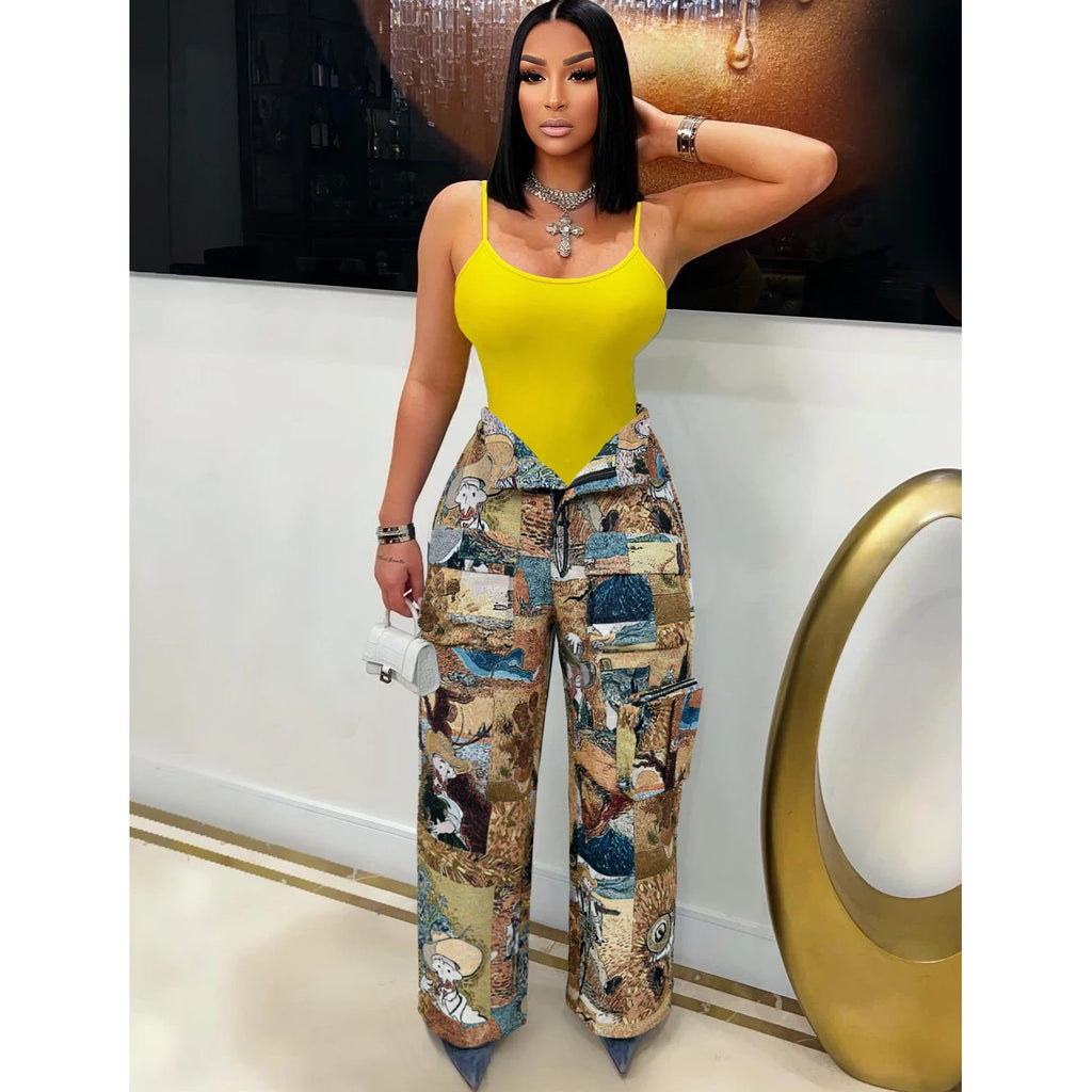 Women Fashion Jacquard Retro Multi Pockets Cargo Pants Button Fly High Waist Loose Casual Streetwear Straight Trousers