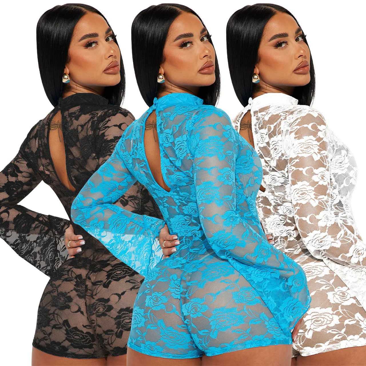 Women Sexy Lace Mesh Romper Skin Tight Cut Out Jumpsuit See Thru Body Shaping Red Lace Jumpsuit
