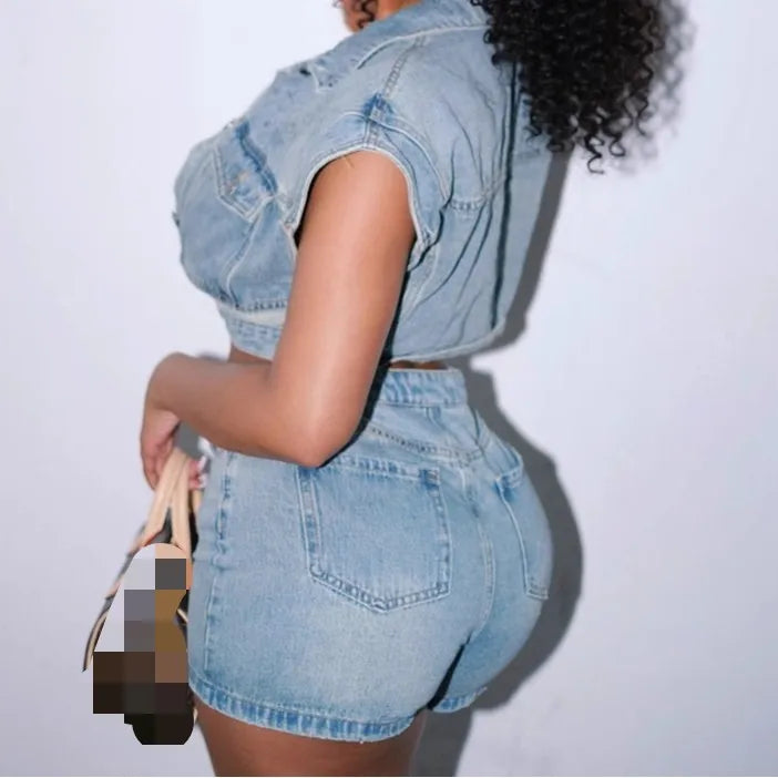 Women's New Casual Stretch Denim Colorblocking Short Lapel Top Slim Wrap Hip Shorts 2 Piece Set   Fashion