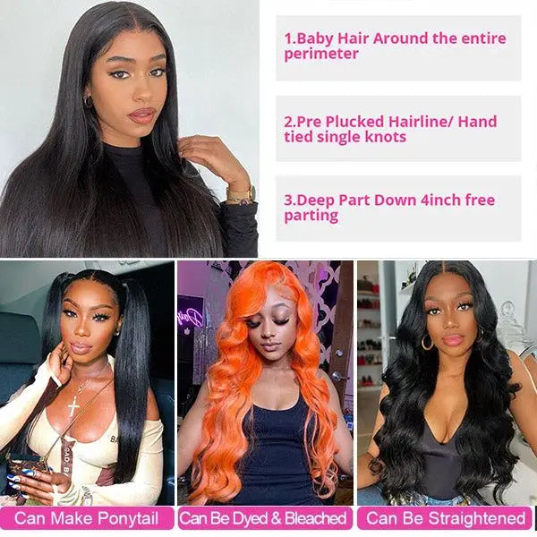 100 13x6 Raw Virgin Lace Frontal Human Hair Wig, Invisible Glueless HD Full Lace Front Wigs, Brazilian Bone Straight Hair Wig