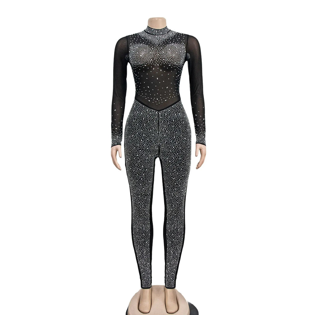 BH1059 Women's Sexy Breathable Jumpsuit Solid Color Mesh Rhinestone Long Sleeve Trousers for Autumn