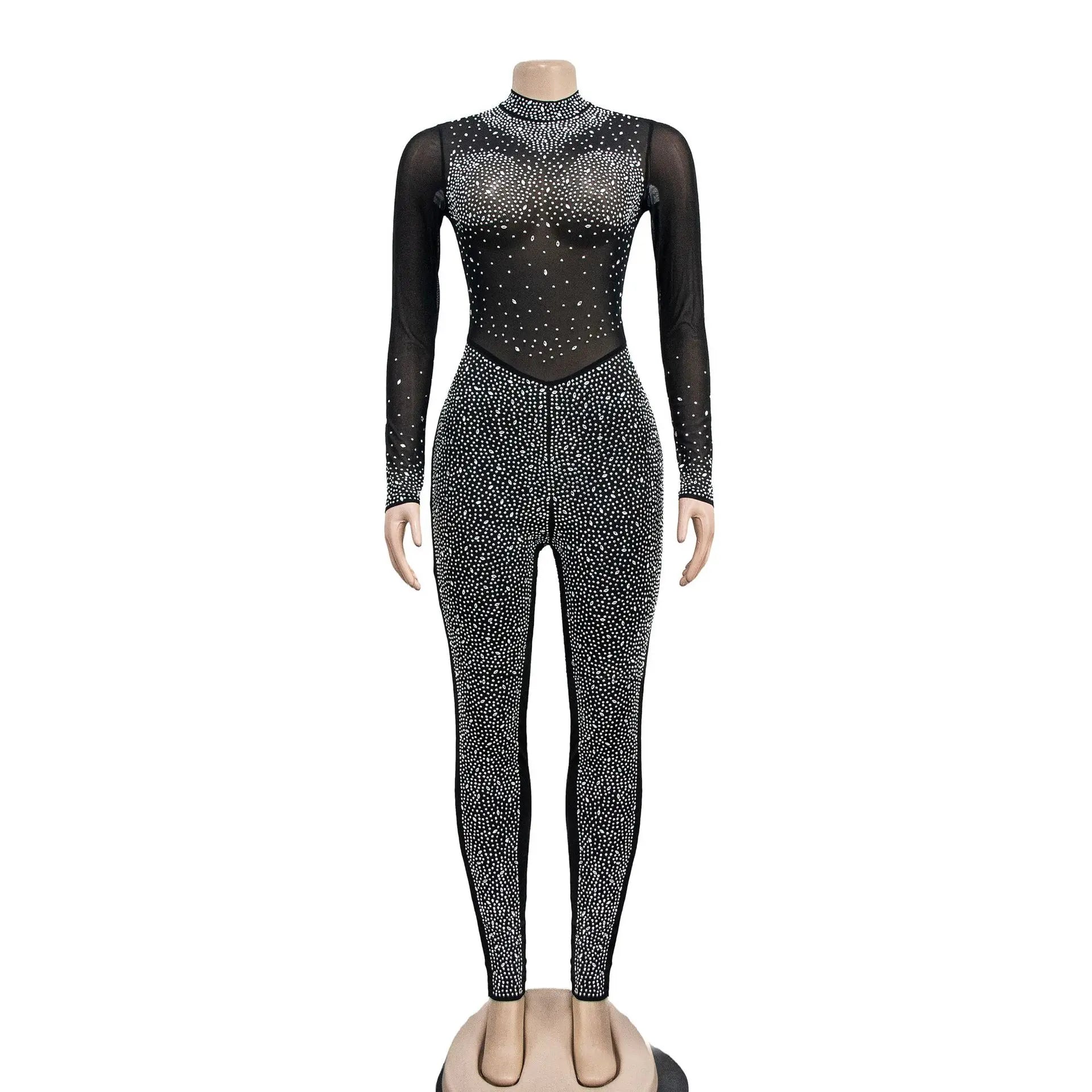BH1059 Women's Sexy Breathable Jumpsuit Solid Color Mesh Rhinestone Long Sleeve Trousers for Autumn