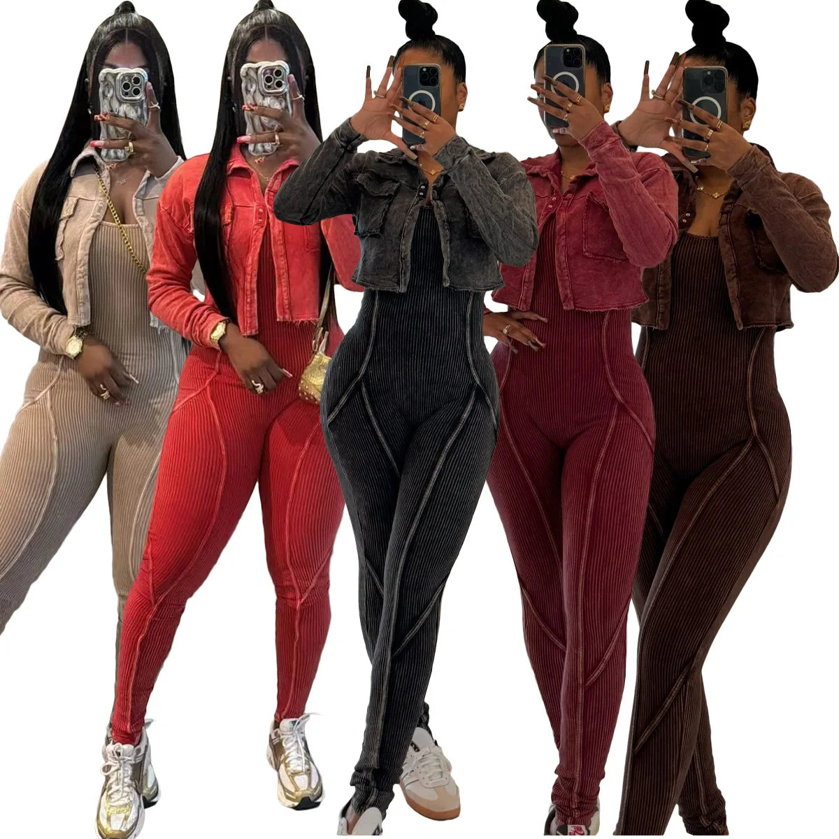 Wholesale Streetwear Two Piece Set Y2K Bodycon Acid Wash Jumpsuit With Jacket Light Washed 2 Piece Set Woman Jumpsuit