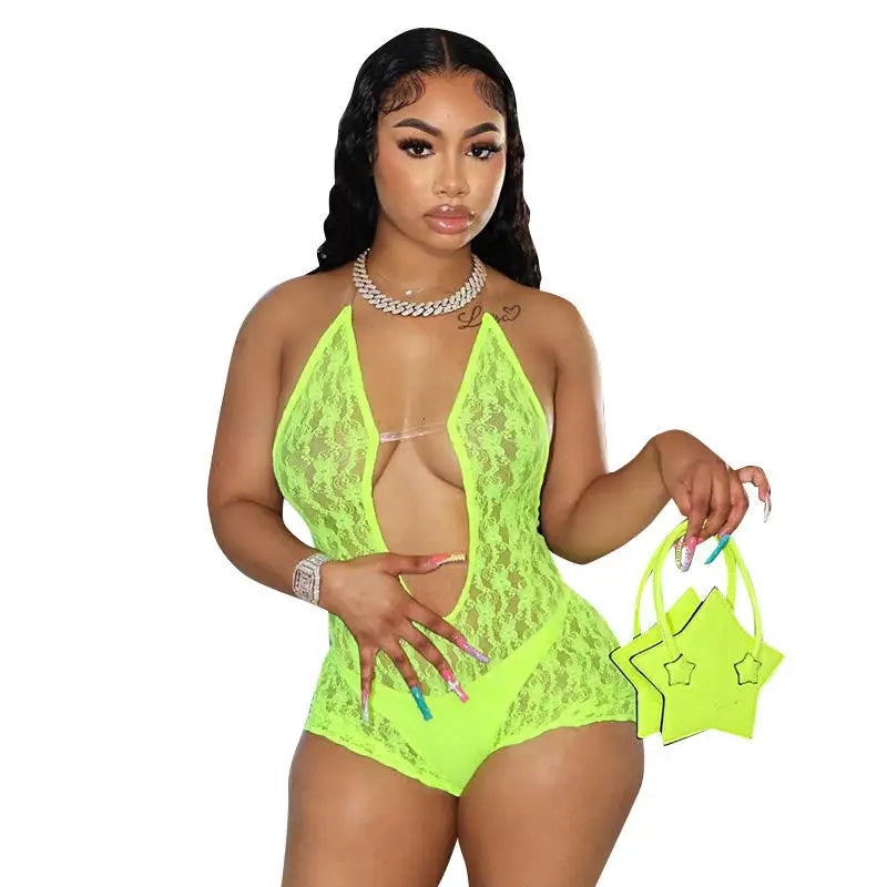 2024 Women's Sexy Solid Bodycon Jumpsuit New See-Through Deep V-Neck Sleeveless with Lace-up Backless Detail for Summer Sports