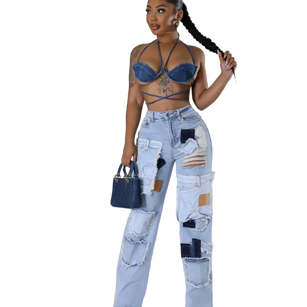 BR4981 New Women's Fashion Casual Printed Tape Ripped Jeans Straight Leg Pants