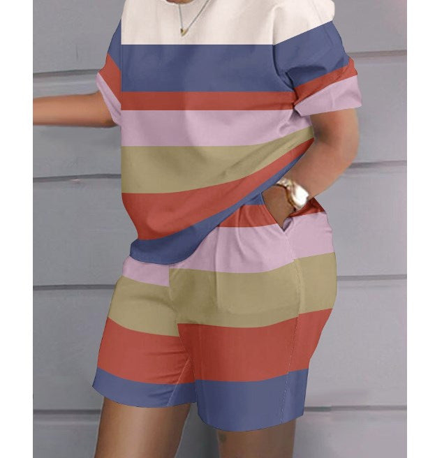 Women Print Two Piece Shorts Sets Matching Sets Short Sleeve T Shirts Pockets Elastic Waist Trousers Y2k Tops Suits Summer 2025