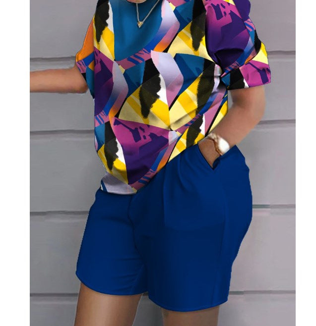 Women Print Two Piece Shorts Sets Matching Sets Short Sleeve T Shirts Pockets Elastic Waist Trousers Y2k Tops Suits Summer 2025