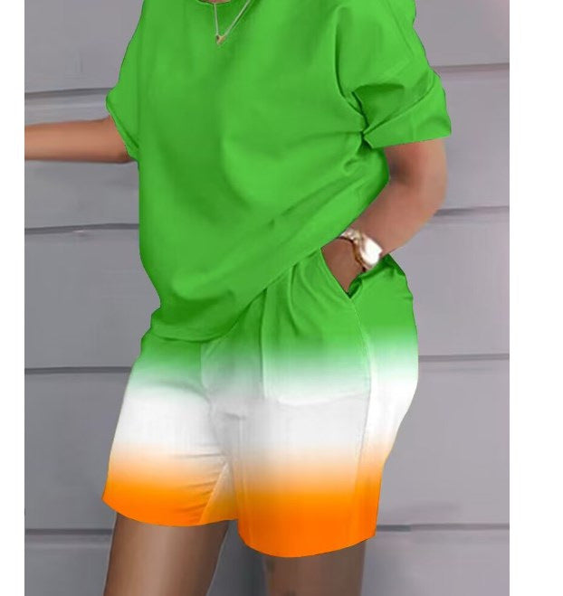 Women Print Two Piece Shorts Sets Matching Sets Short Sleeve T Shirts Pockets Elastic Waist Trousers Y2k Tops Suits Summer 2025