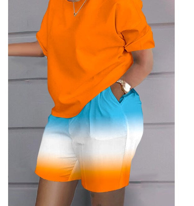 Women Print Two Piece Shorts Sets Matching Sets Short Sleeve T Shirts Pockets Elastic Waist Trousers Y2k Tops Suits Summer 2025
