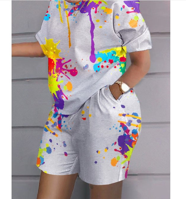 Women Print Two Piece Shorts Sets Matching Sets Short Sleeve T Shirts Pockets Elastic Waist Trousers Y2k Tops Suits Summer 2025
