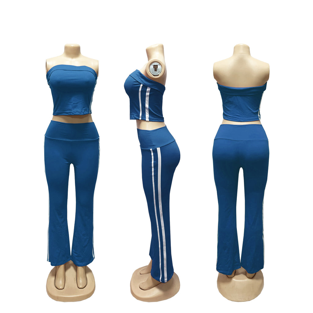 CM.YAYA Women's Set Long Sleeve Cargidan +strapless and Striped Pants Suit Three 3 Piece Set 2025 Street Active Outfit Tracksuit