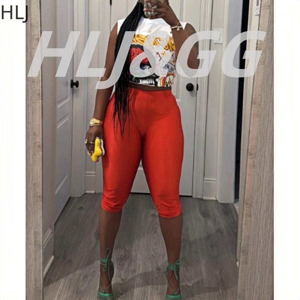 HLJ Fashion Y2K Pattern Print Two Piece Sets Women Round Neck Sleeveless Top+Skinny Shorts Outfits Trend Female 2pcs Streetwear