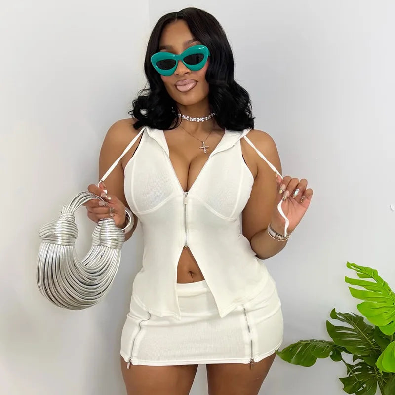 Women Solid Casual 2 Piece Set Tracksuits Zip-up Sleeveless Hooded Tanks Tops + Zippers Bodycon Mini Skirts Streetwear Suits