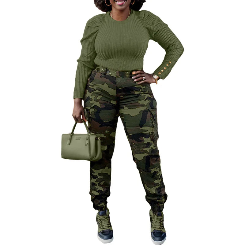 CM.YAYA Women’s Camouflage Printed Slim Cargo Pants 2024 Spring/Summer Pocket Jogger Street Fashion Safari Trousers