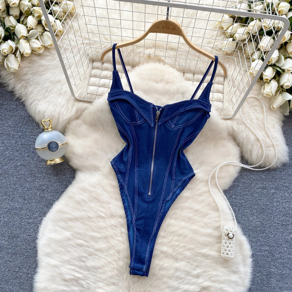 SINGREINY American Vintage Denim Bodysuits Spaghetti Strap Skinny Women Playsuits Fashion Streetwear Slim Sexy Zipper Rompers