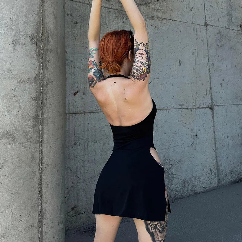 Women Sexy Dress Elegant Lady Sleeveless Ring Buckle Side High Slit Cutout Night Club Dresses Y2k Halter Mini Dress Streetwear